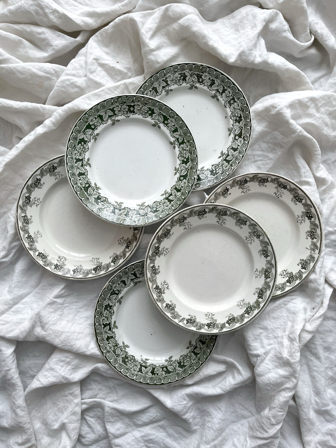 6 mismatched ironstone flat plates Murier Violetta