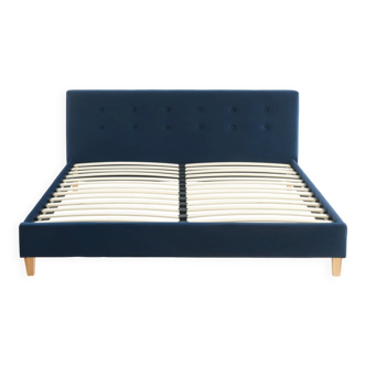 Adult bed 160x200 with dark duck blue velvet upholstered headboard