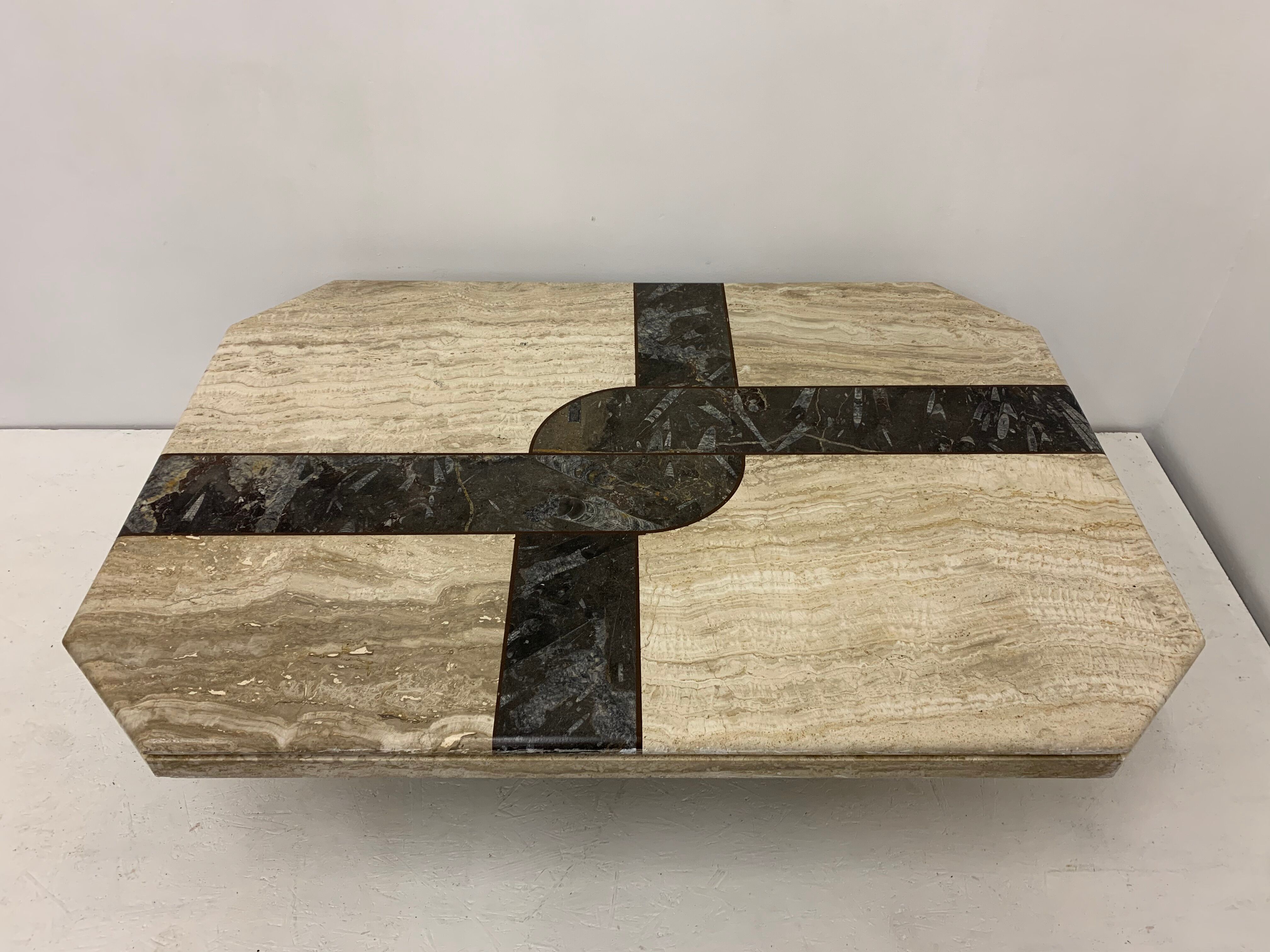 Vintage coffee table travertine and fossile marble top , 1970's