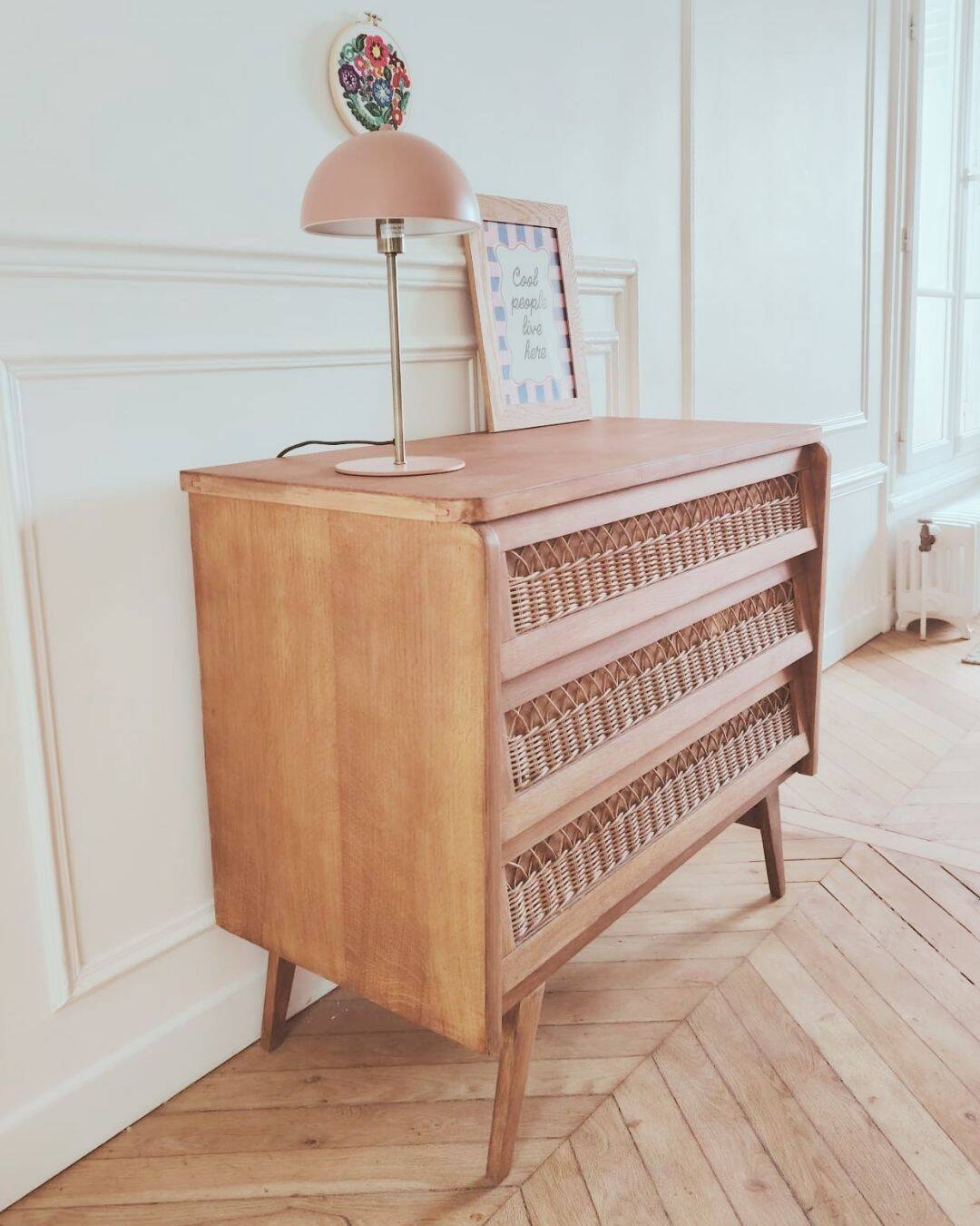 Renovated vintage chest of drawers, 1960s, made of wood and rattan.