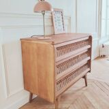 Renovated vintage chest of drawers, 1960s, made of wood and rattan.