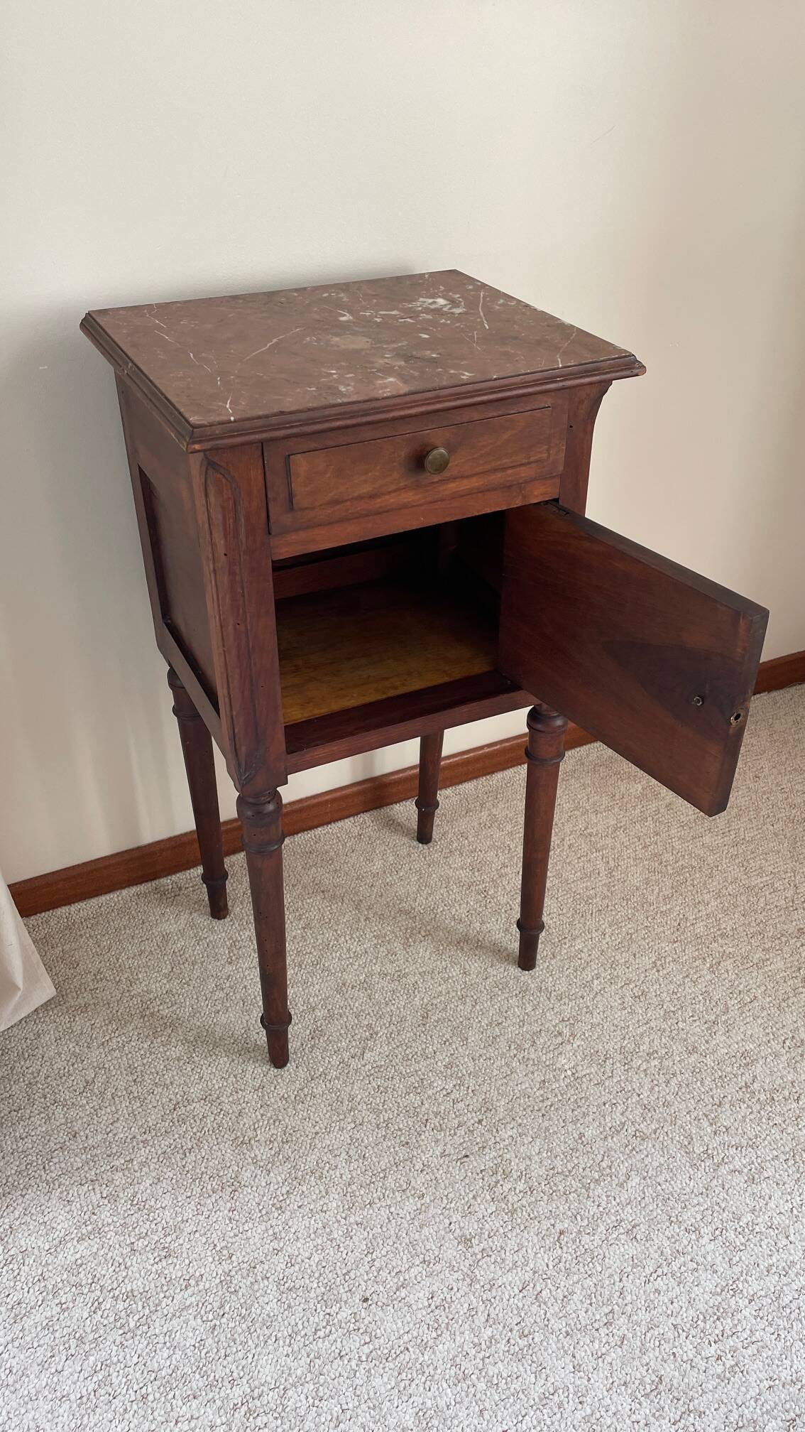 Antique bedside table in wood and marble