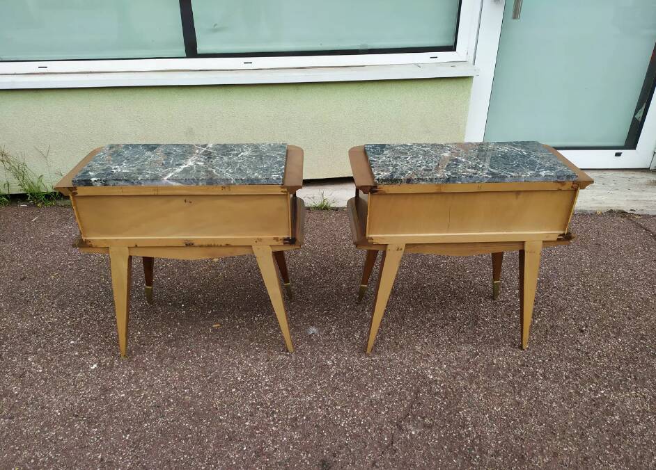 Set of 2 black white marble wood bedside tables with compass legs