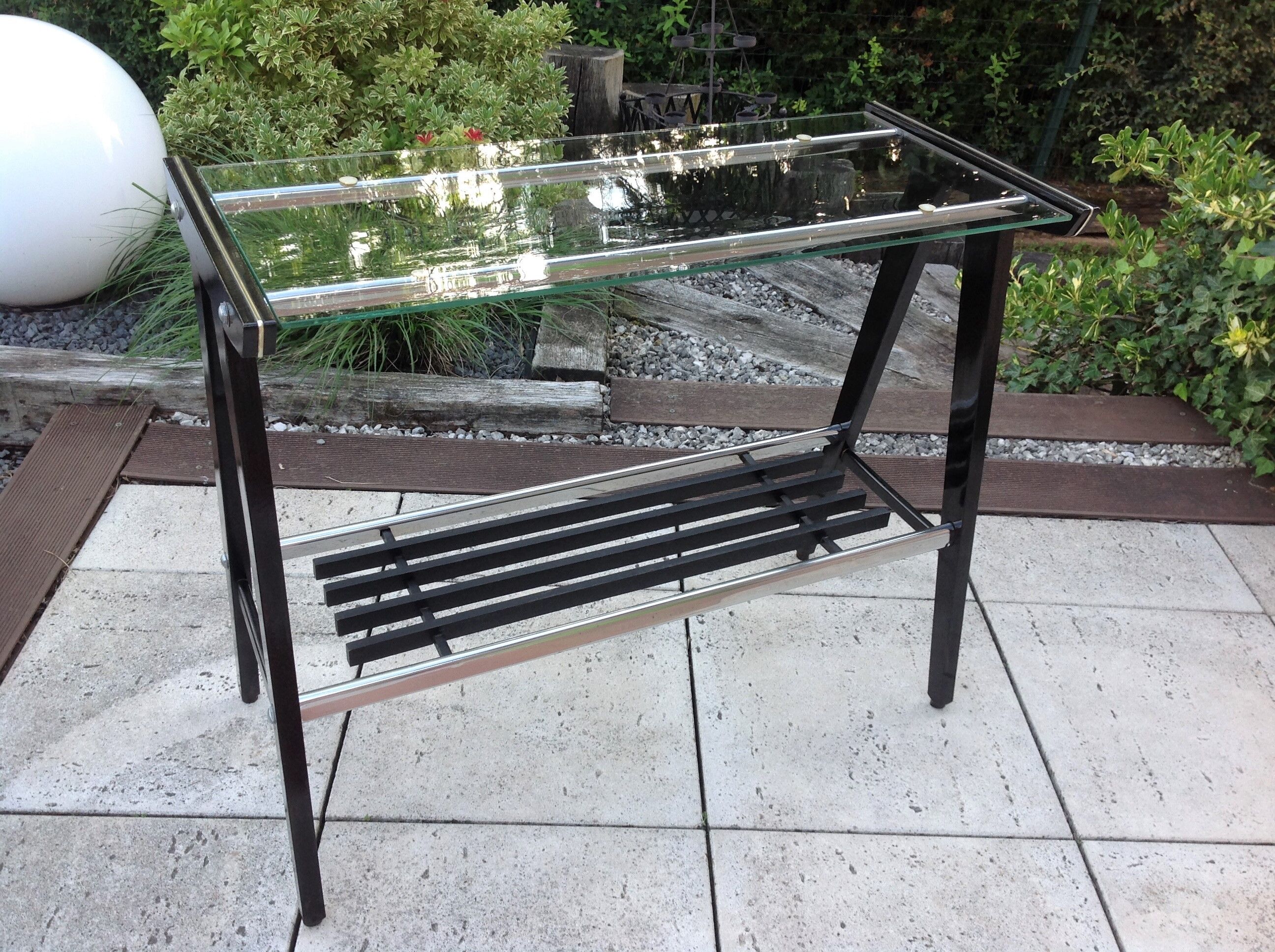 Console in black lacquered wood and chromed metal / vintage 60s-70s