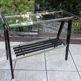 Console in black lacquered wood and chromed metal / vintage 60s-70s