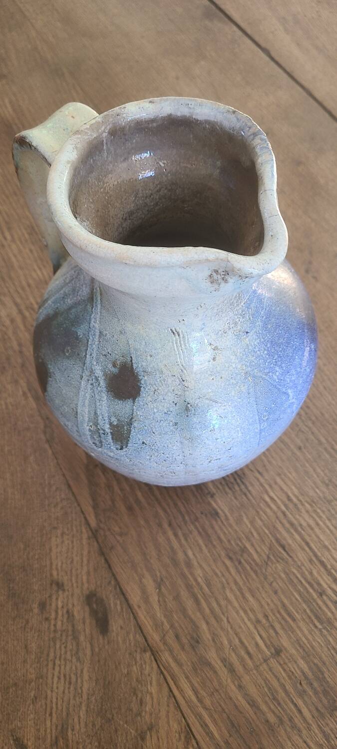 Old bulbous jug pottery vase glazed grey-blue stoneware vintage