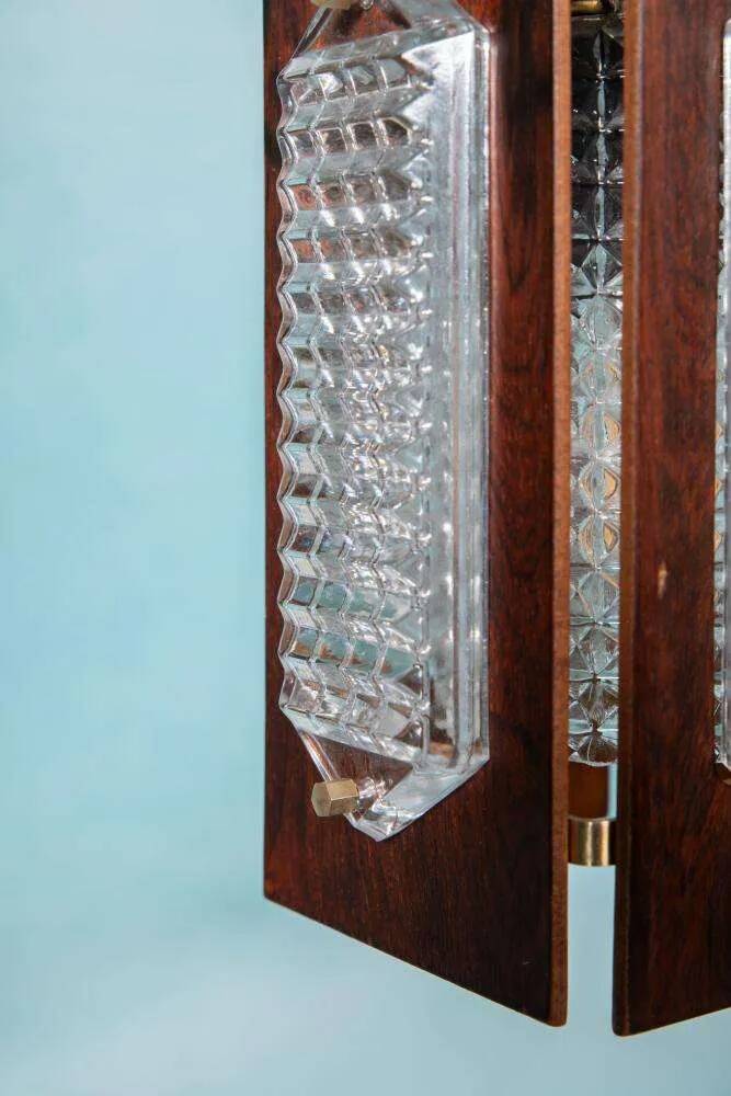 Vintage wooden and glass suspension Flygsfors Facette, glass lamp.