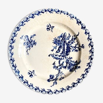 Plat rond Gien en terre de fer émaillée blanche et bleue, service "Chardons"