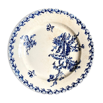 Gien round dish in white and blue enamelled iron earth, "Thistles" service