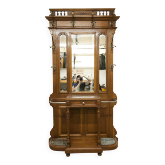 Napoleon III walnut wardrobe, late 19th century, 3 mirrors, marble, 8 hooks