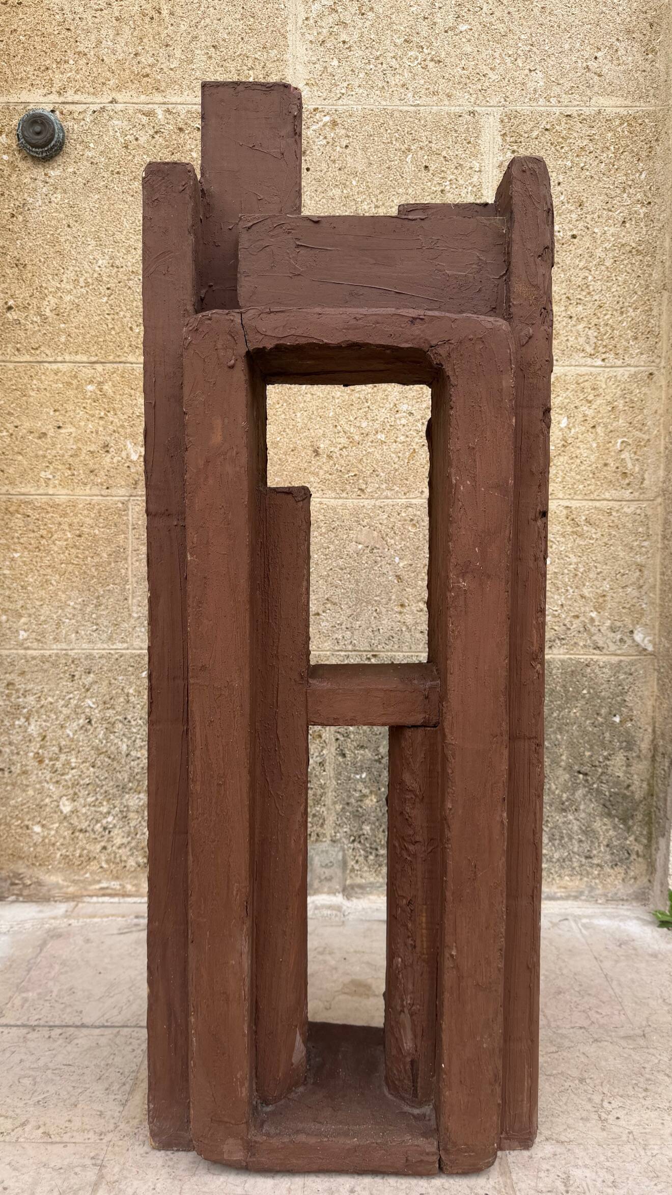 Superb postmodern brutalist sculpture in wood, metal, and material.