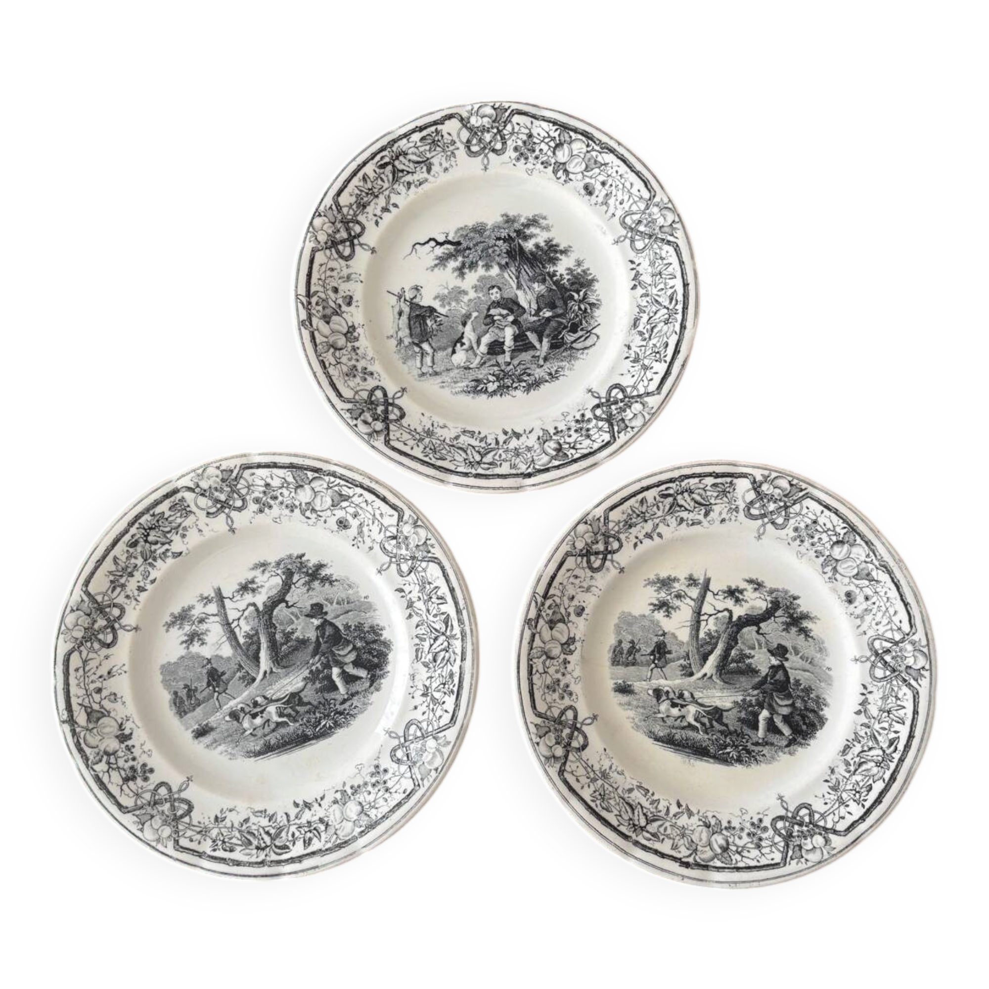 Lot of 3 dessert plates Lunéville model Chasse ironstone pottery.