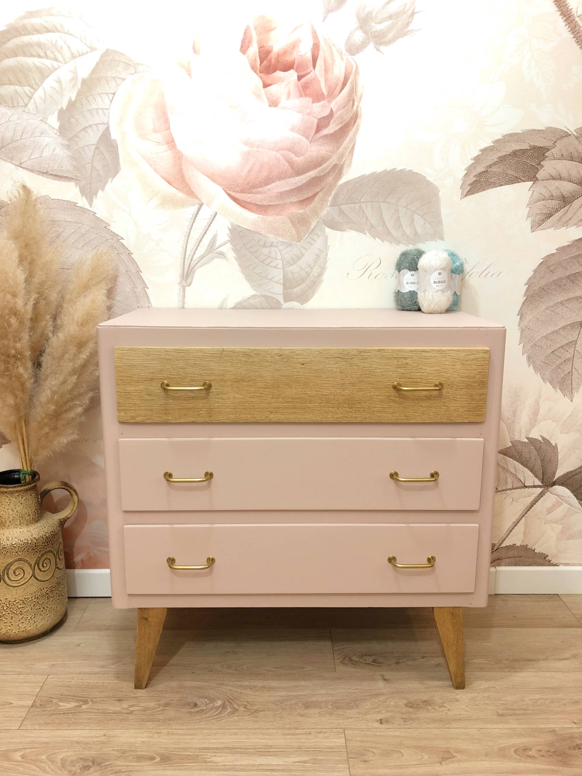 1960s chest of drawers, compass feet, rose liberté