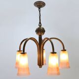 Art Deco chandelier with etched pink glass shades, Belgium 1930s