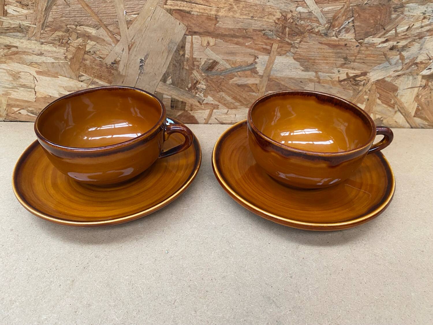 Pair of antique cups + saucers st clement ceramic brown vintage #b615
