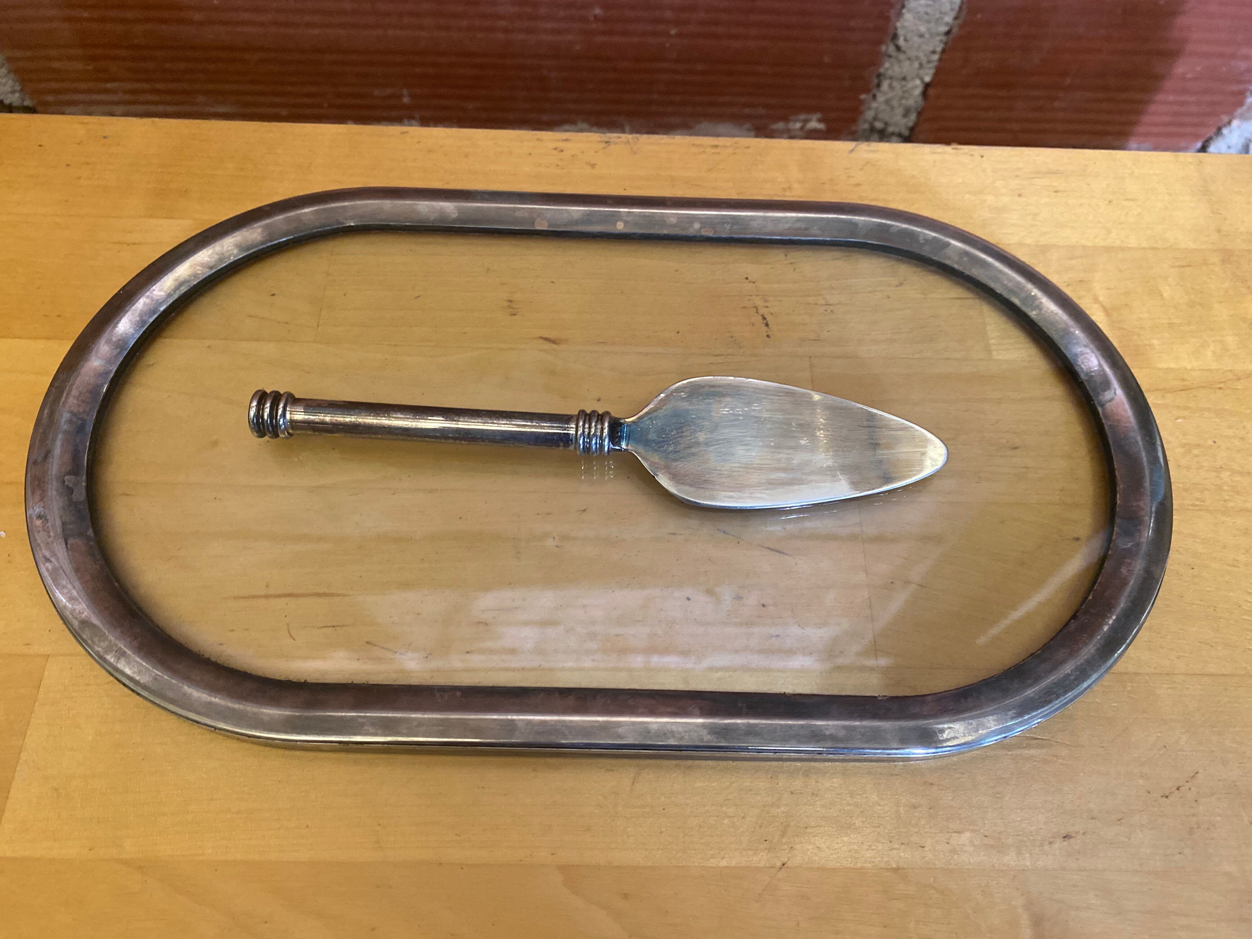 Foie gras service jd france platter + silver metal spatula + vintage glass