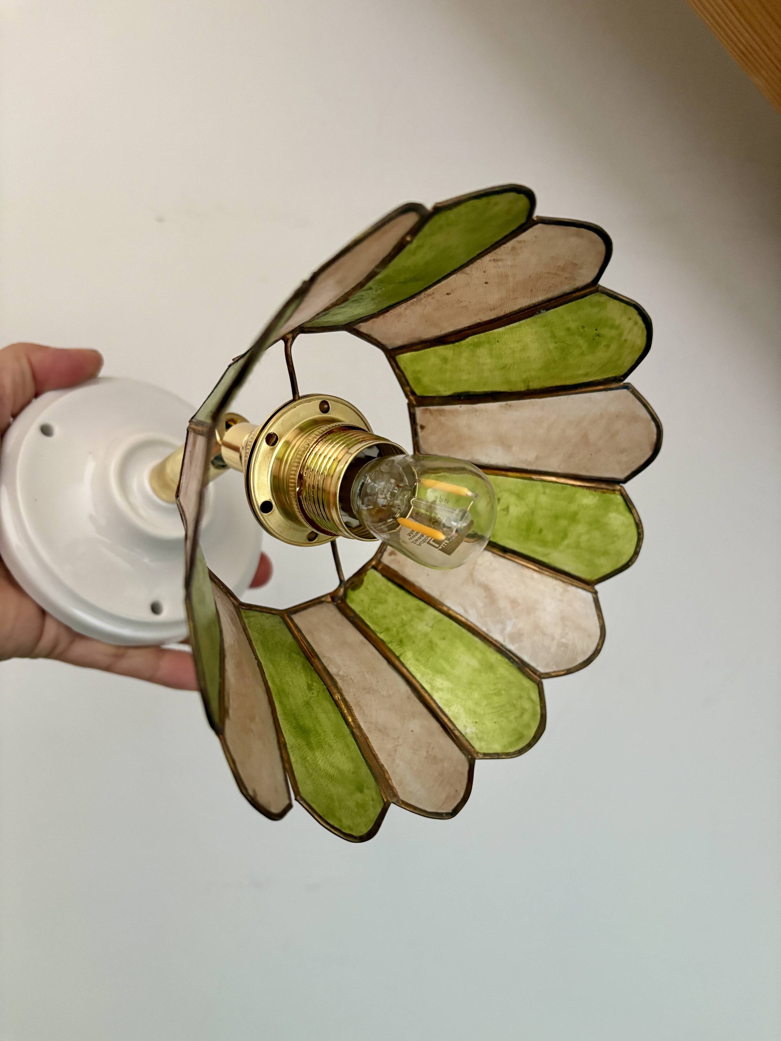 Vintage wall lamp with a green and pink mother-of-pearl lampshade