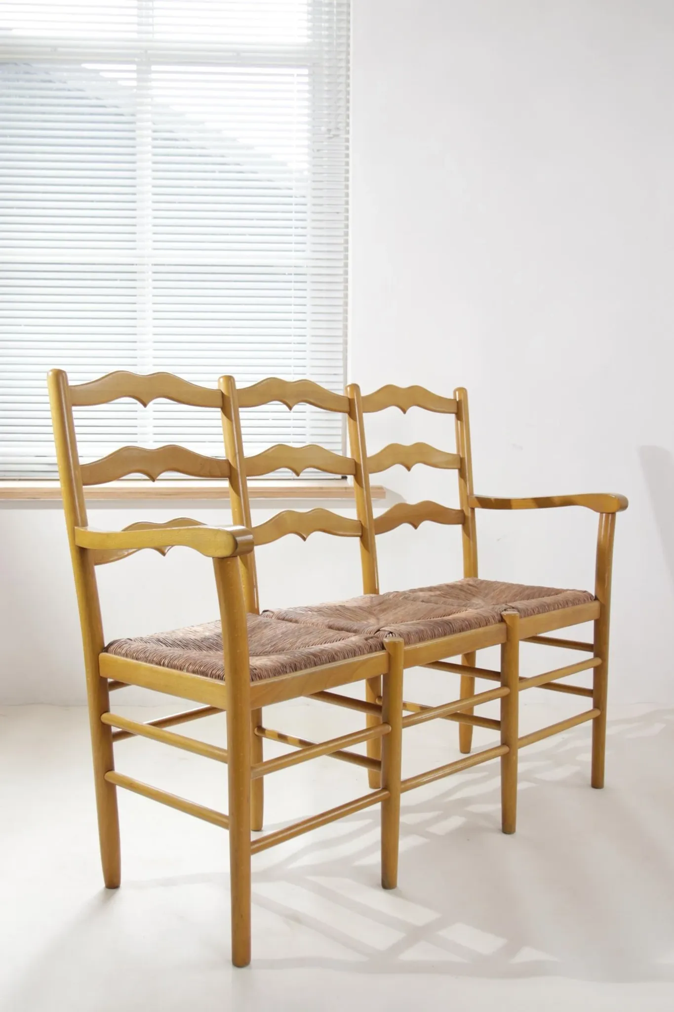 Beech three-seater bench with rush seat – 1960s