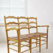 Beech three-seater bench with rush seat – 1960s