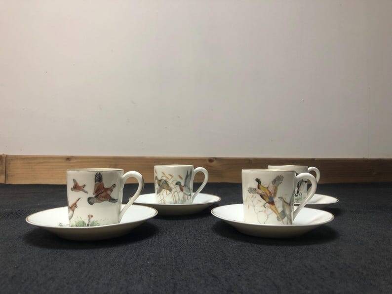 Porcelain de Paris Espresso Cup & Saucer Set: Bird Motif, Gilded, 1950s