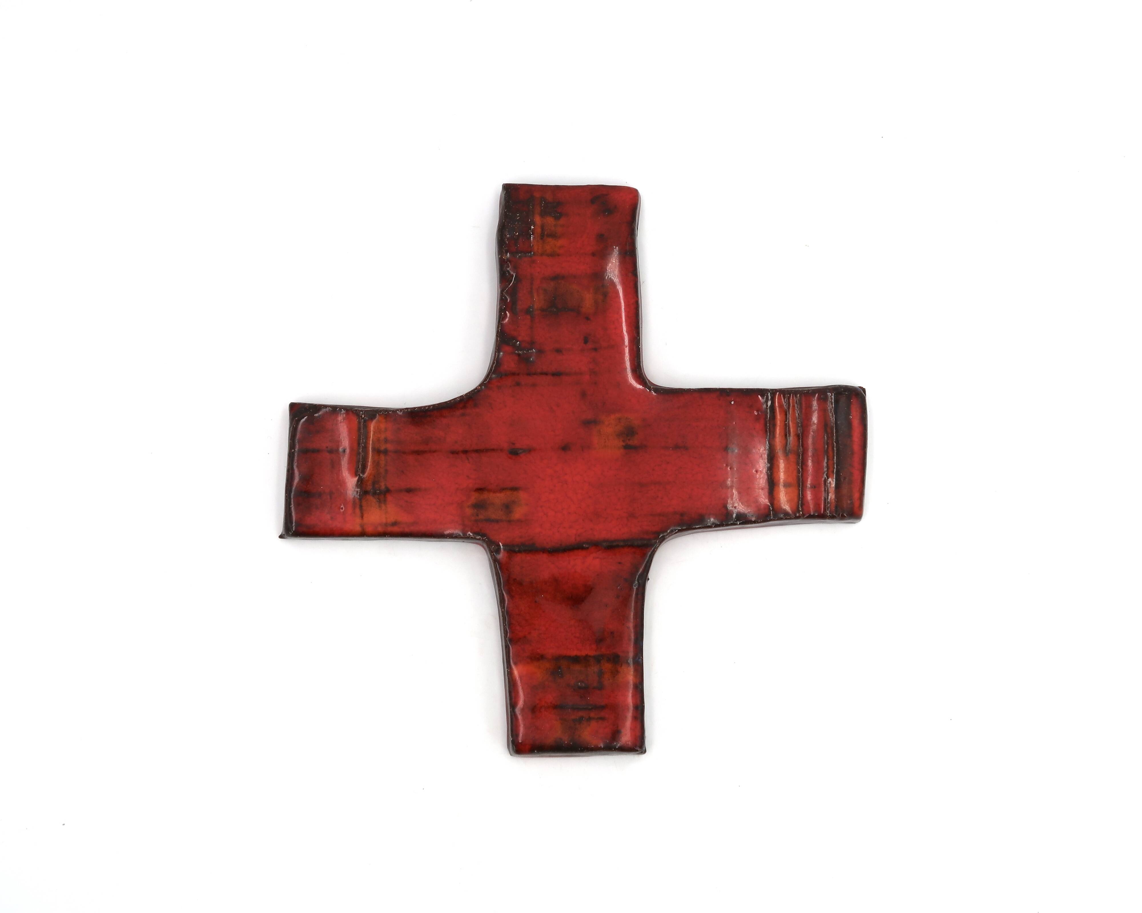 Red and orange ceramic wall cross, 1950s