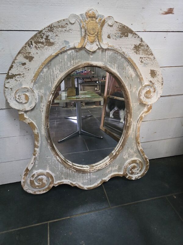 Miroir œil de boeuf en bois patiné