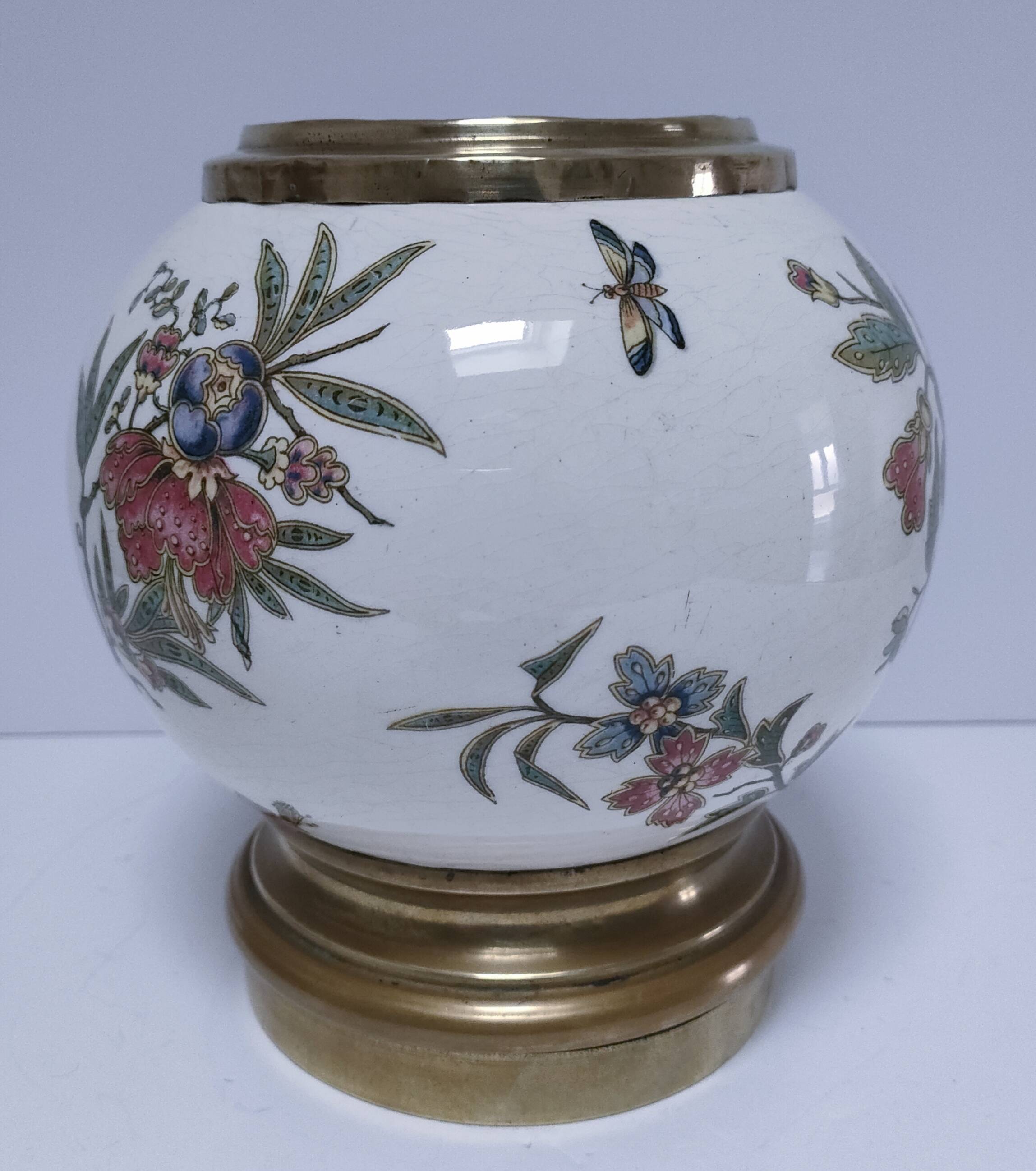 round vase earthenware brass decorated with flowers and insects early 20th century