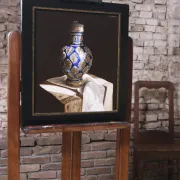 Still life with blue Westerwald jug, pewter lid – Marjolein van den Berg