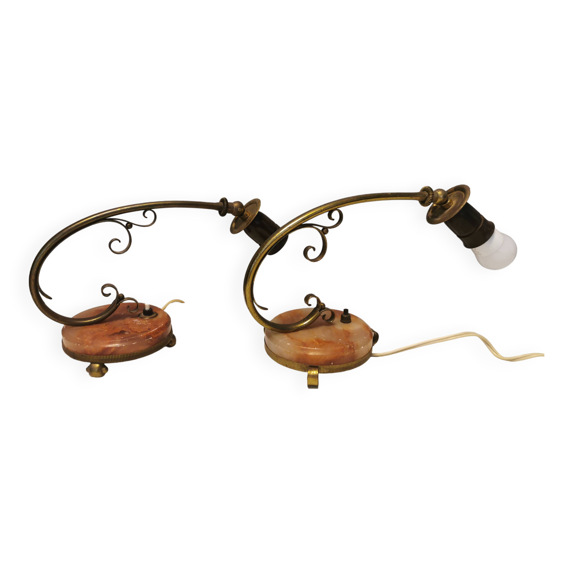 A set of very old art deco table lamps, estimated 1920s in brass and marble.