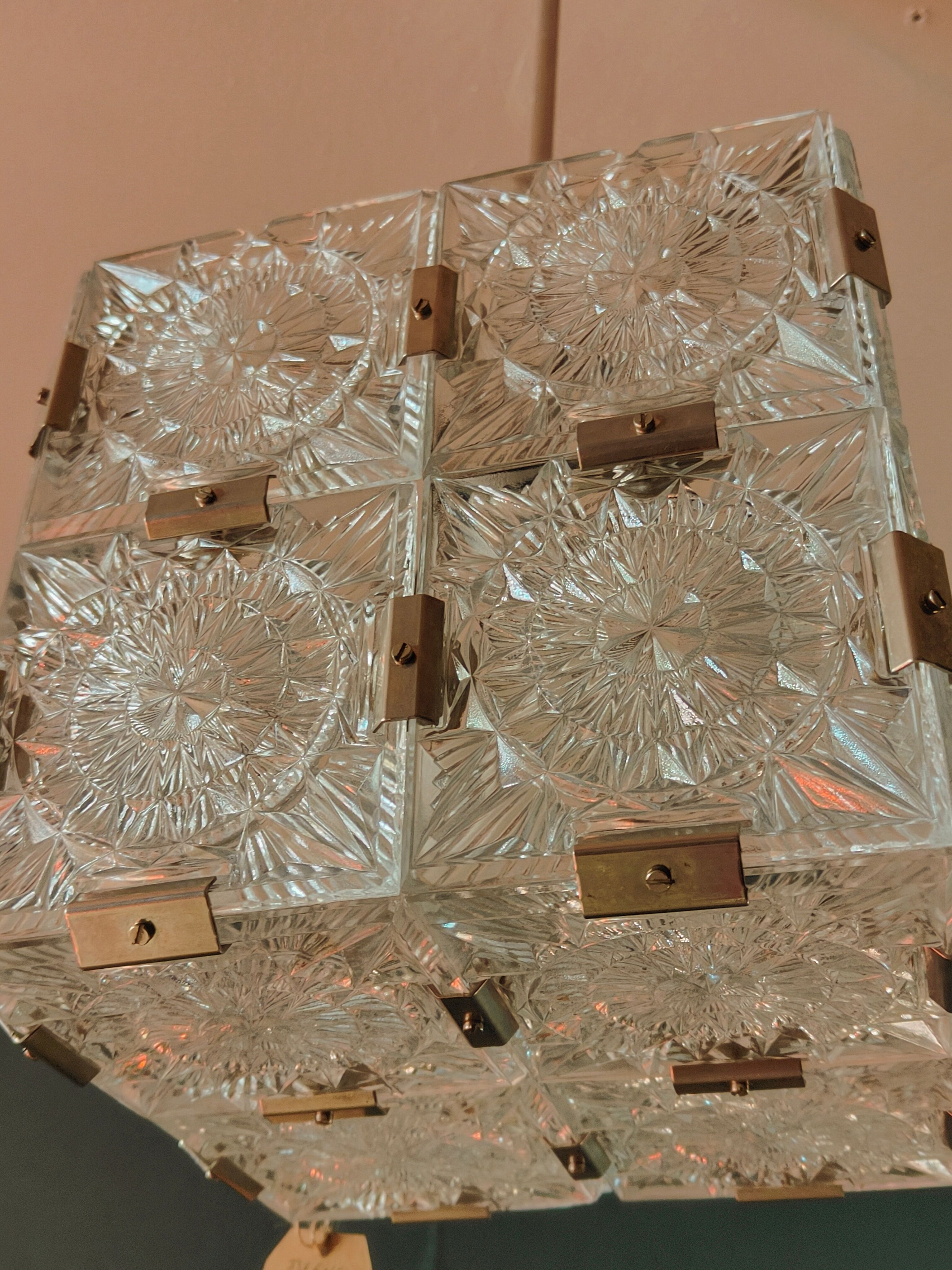 Glass faceted cube chandelier by Jaroslav Bejvl for Kamenicky Senov, year 1968