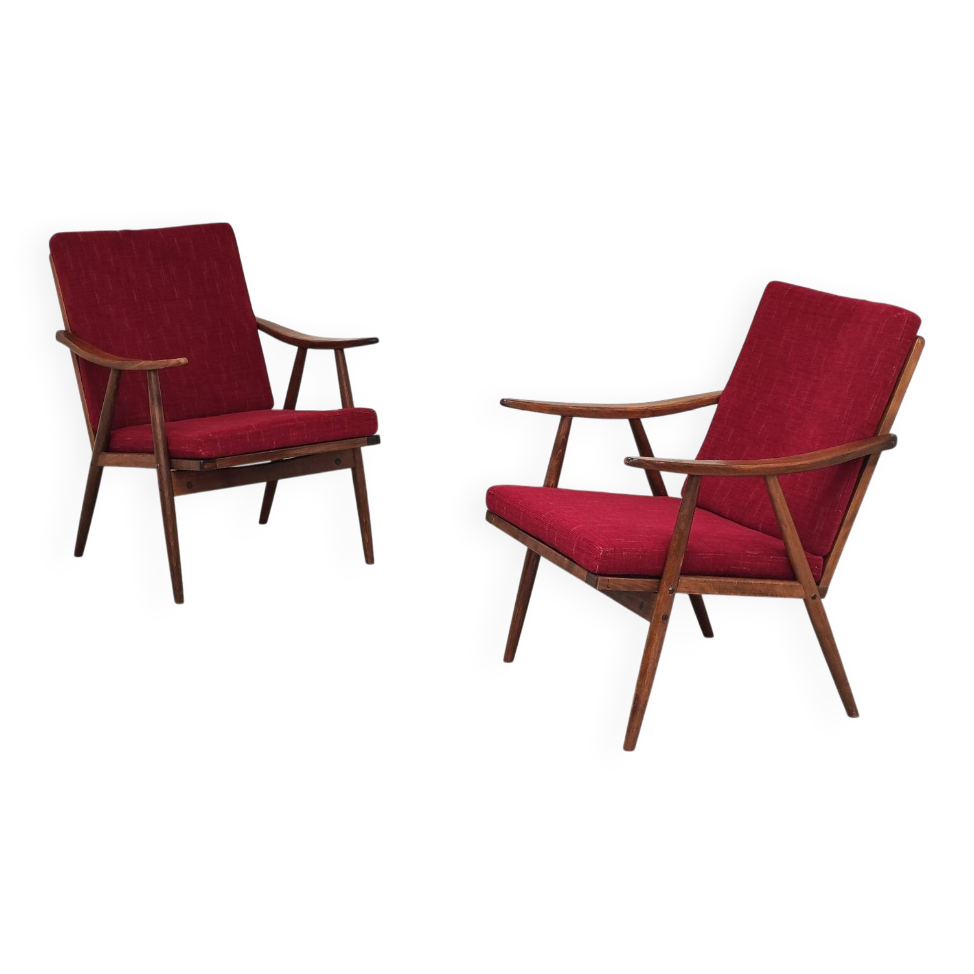 Pair of burgundy boomerang armchairs Antonin Suman Ton Bystrice (Thonet)