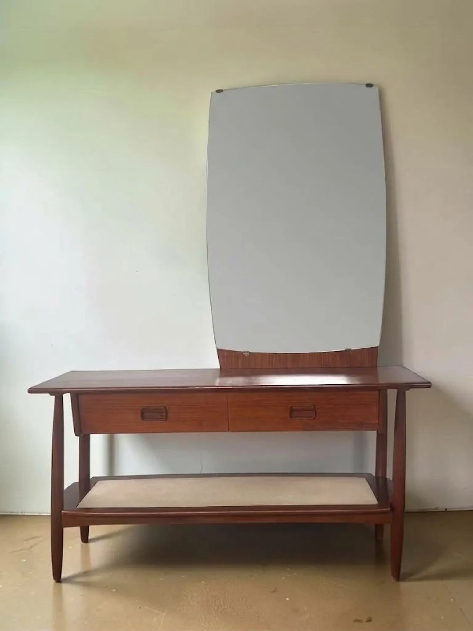 Vintage teak dressing table with mirror and drawers.