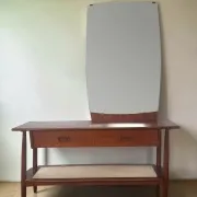 Vintage teak dressing table with mirror and drawers.