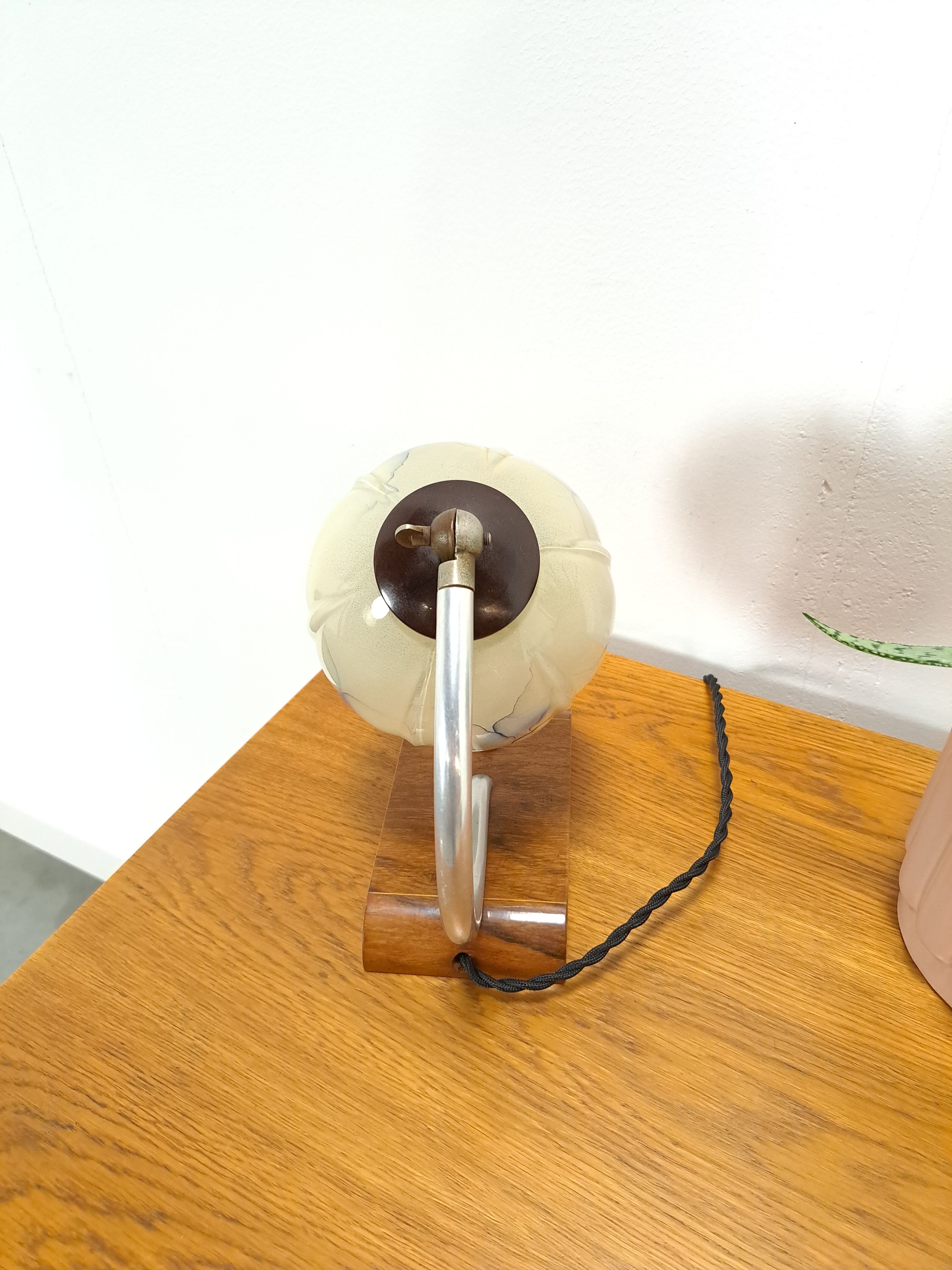 Table lamp with wooden base and glass shade with blue details vintage