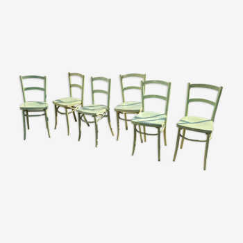 Set of 6 green patinated bistro chairs