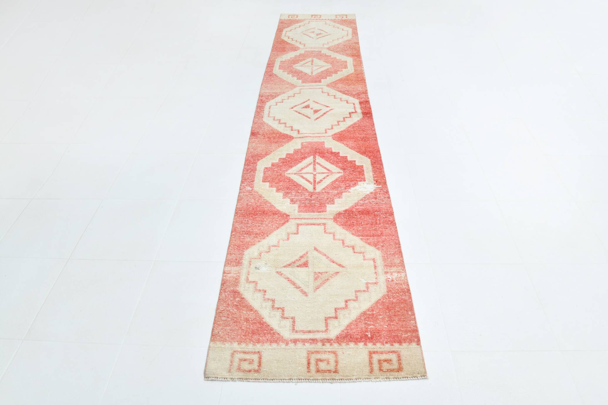 3x13 Vintage Soft Red & Beige Turkish Runner Rug, 77x379Cm