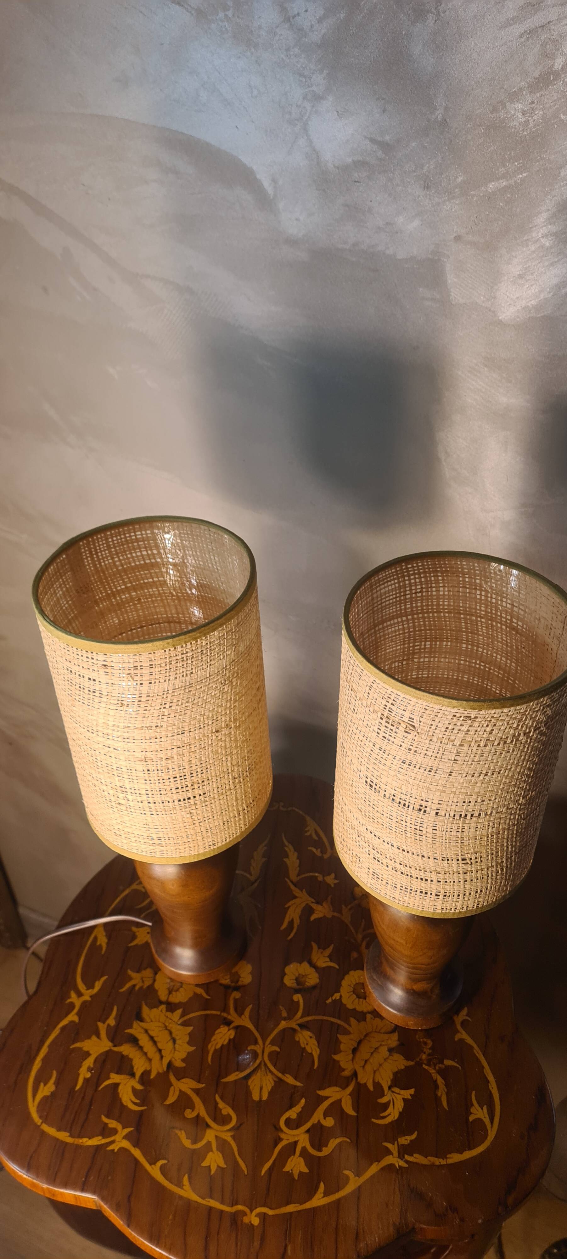 pair of Scandinavian wooden lamps with straw lampshade 41x15