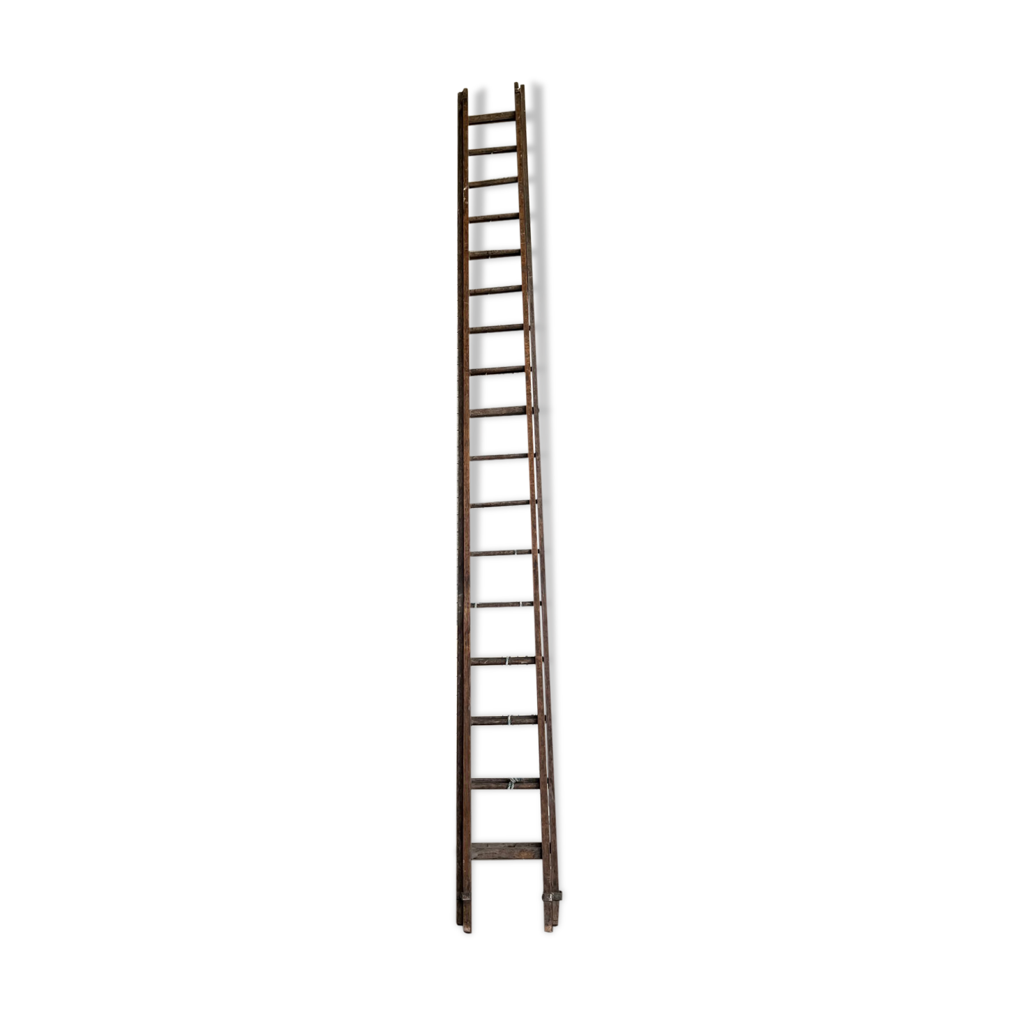Very large vintage sliding wooden ladder