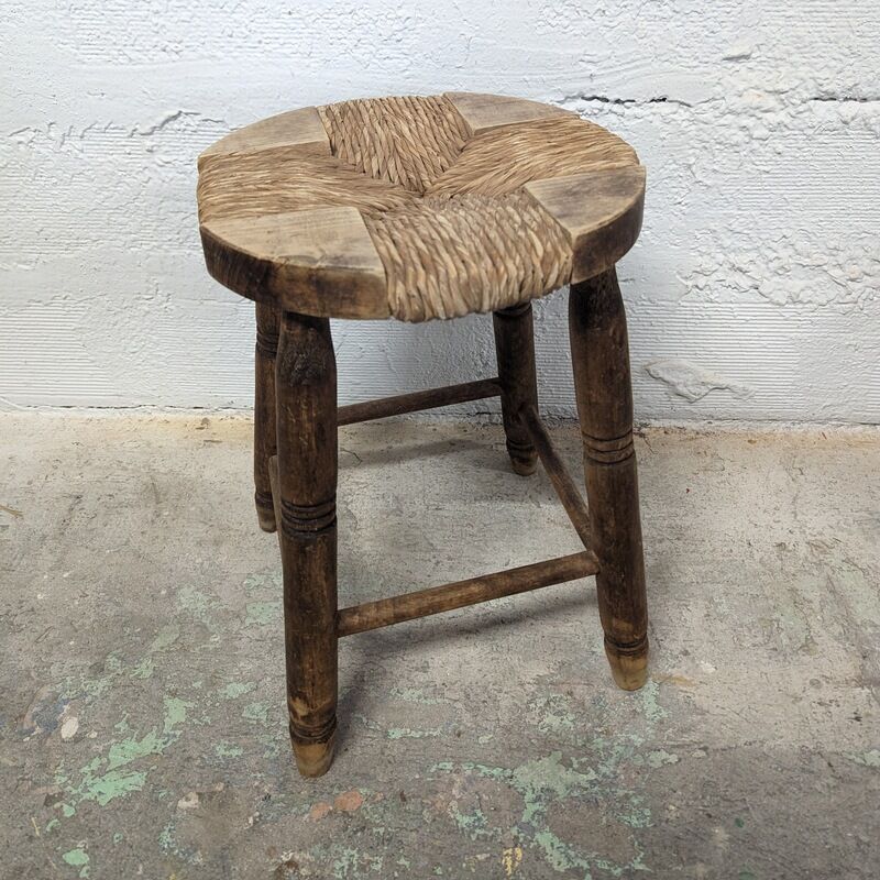 Wooden stool seated wood & woven straw