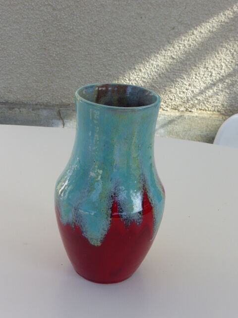 An emailed ceramic vase in turquoise and red, design and vintage