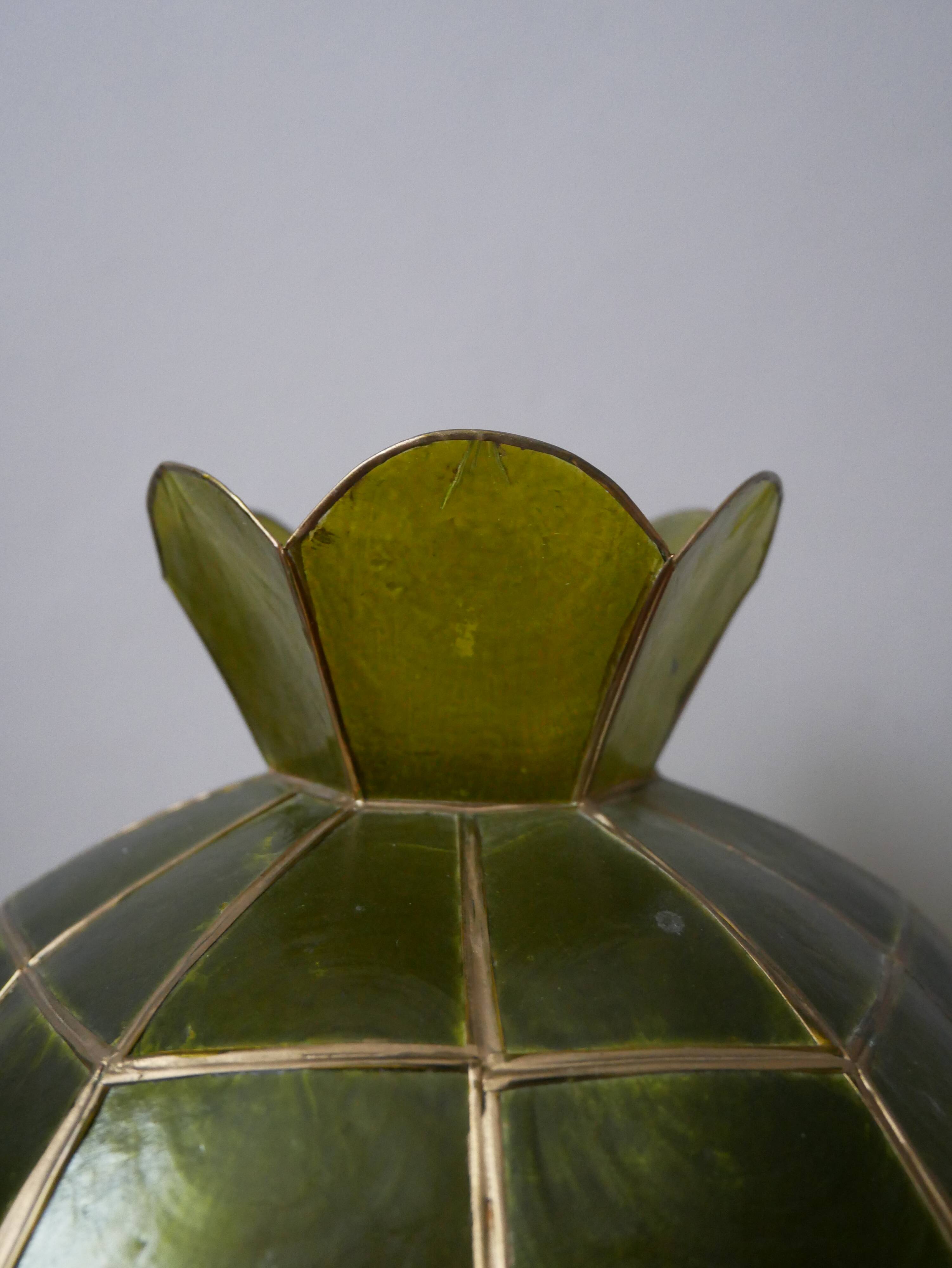 Vintage green and gold mother-of-pearl and brass pendant lampshade, bohemian country decoration