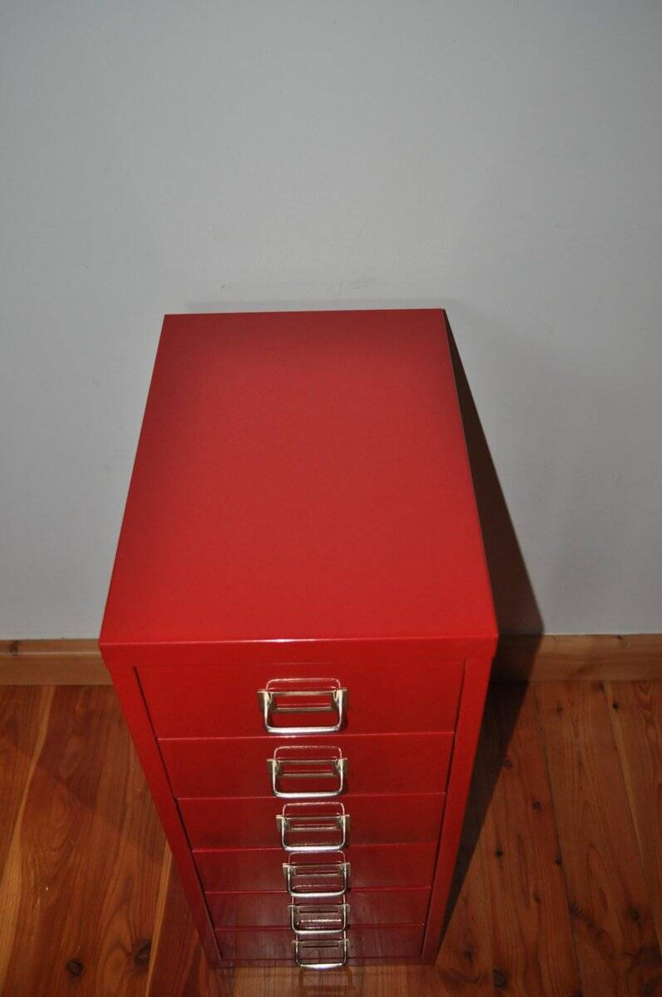 Purple industrial metal cabinet with six drawers, 1980s filing style.