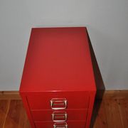 Purple industrial metal cabinet with six drawers, 1980s filing style.