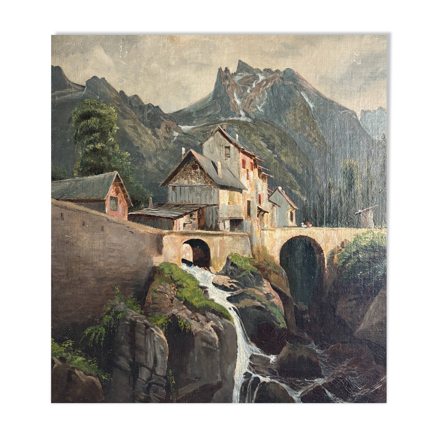 Emile godchaux (1860-1938) old painting, landscape, mountain, river