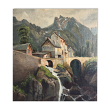 Emile godchaux (1860-1938) old painting, landscape, mountain, river