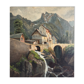 Emile godchaux (1860-1938) old painting, landscape, mountain, river