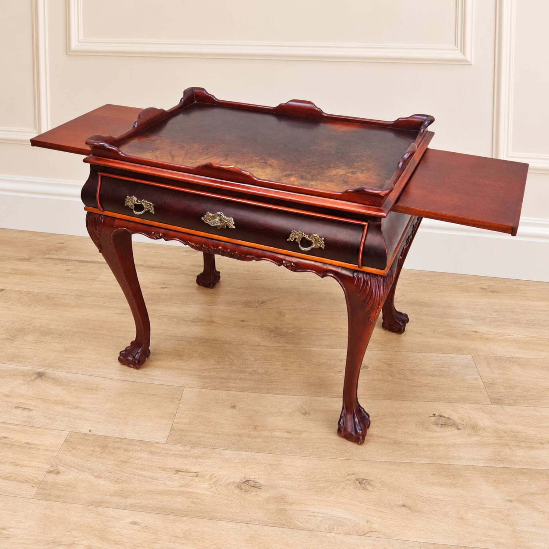 Antique walnut side table / tea table with drawer, shelves