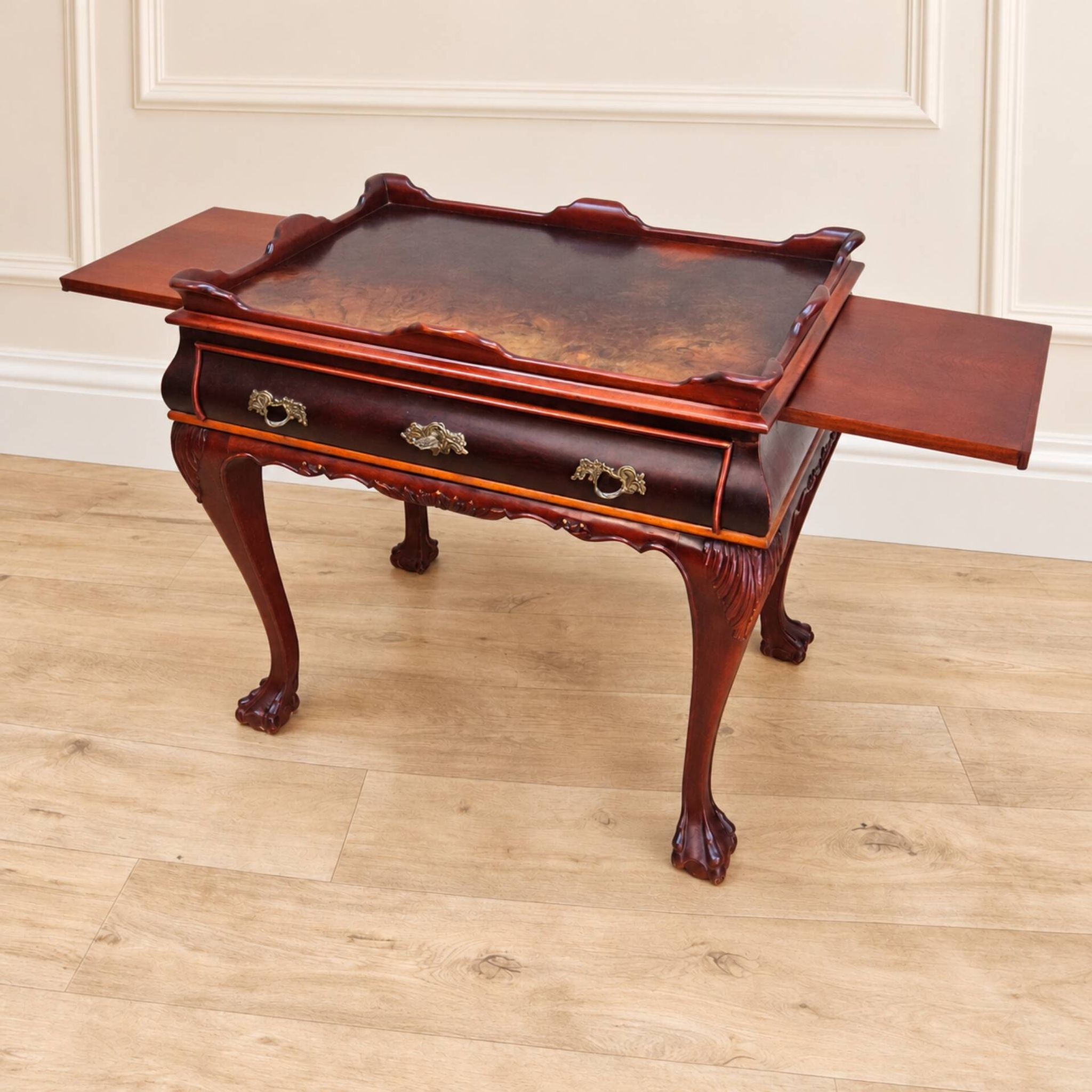 Antique walnut side table / tea table with drawer, shelves