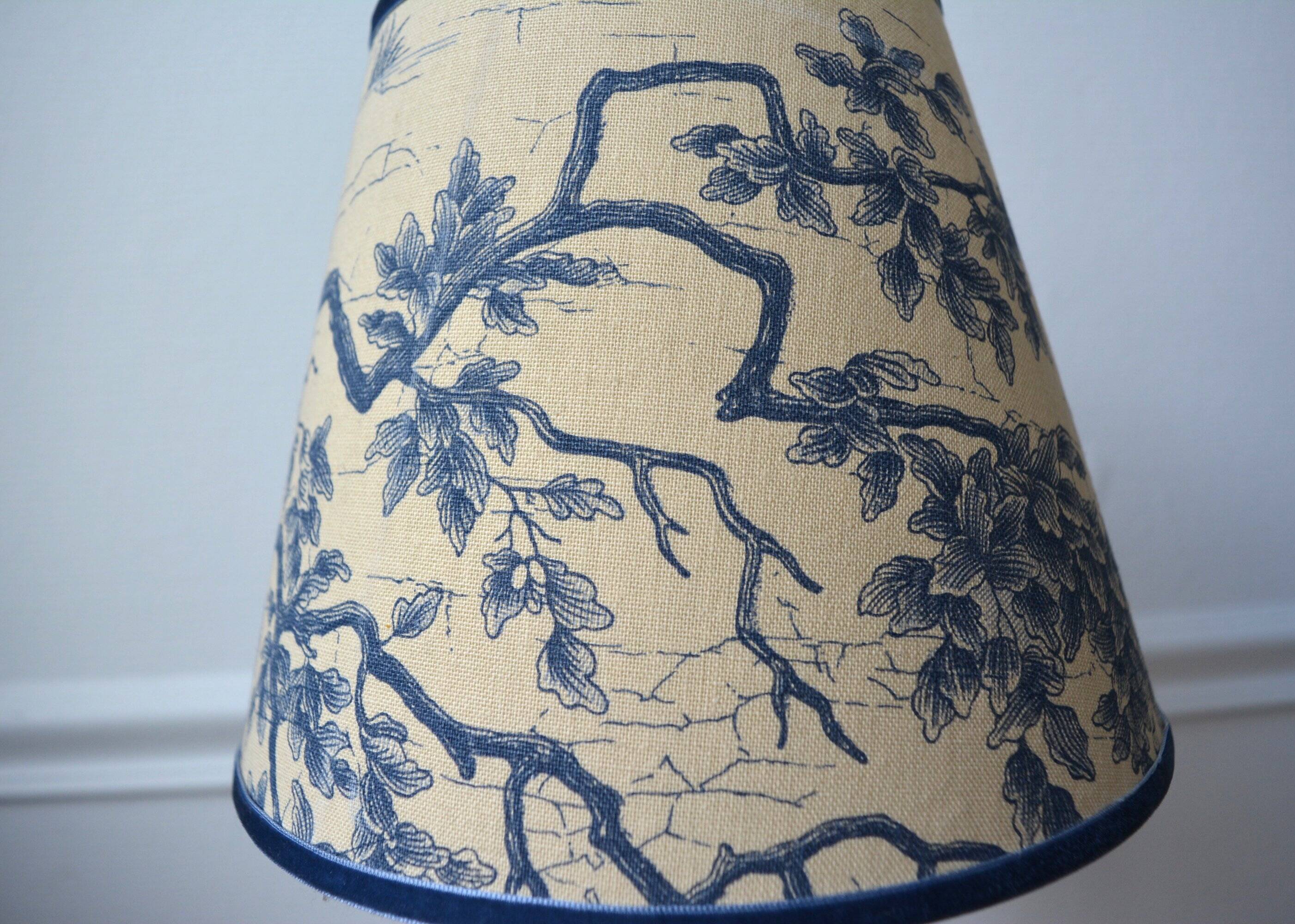 Jouy fabric lampshade, blue foliage pattern