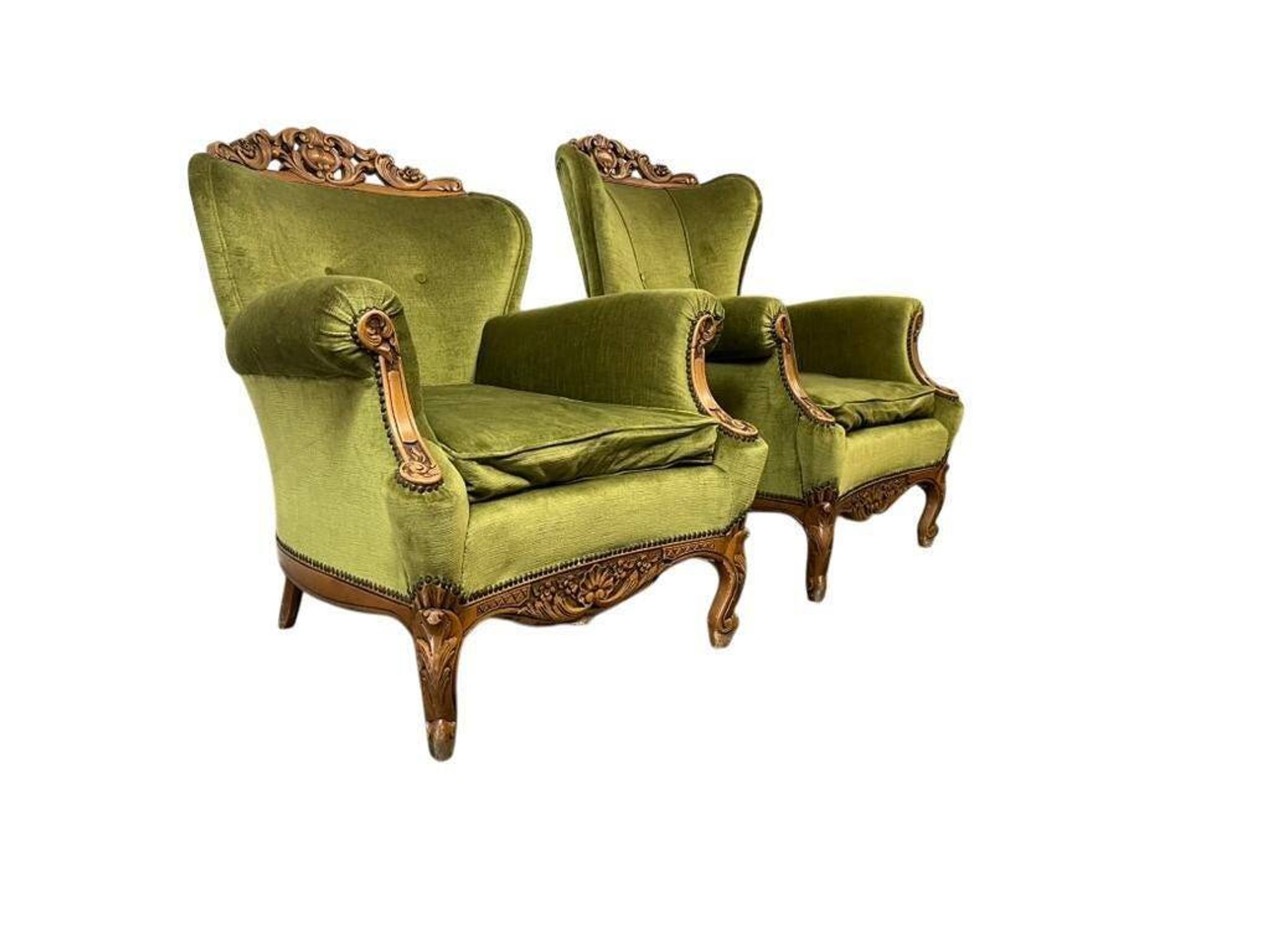 set of 2 vintage green baroque armchairs / armchairs / club chairs
